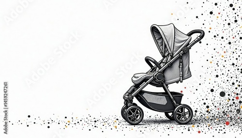 Intricate stroller line art pattern, dark grey on white, repeat, stroller, modern