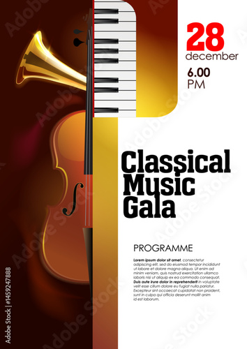 Classical music concert, festival, contest advertising poster template. Stylized background, cello, piano keys, trumpets. Editable EPS 10 file	
