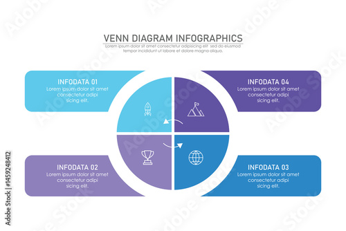 Venn diagram infographic chart template for business 3, 4, 6 parts, options, presentation with venn diagram elements vector illustration.