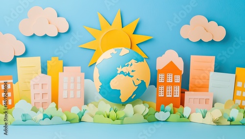 Papercraft cityscape with sunlit globe