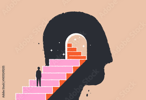 Psychology, philosophy, therapy concept. Abstract illustration of a human head with stairs, door inside. Finding yourself, self improvement, personal growth. Mental health, human mind. Isolated vector