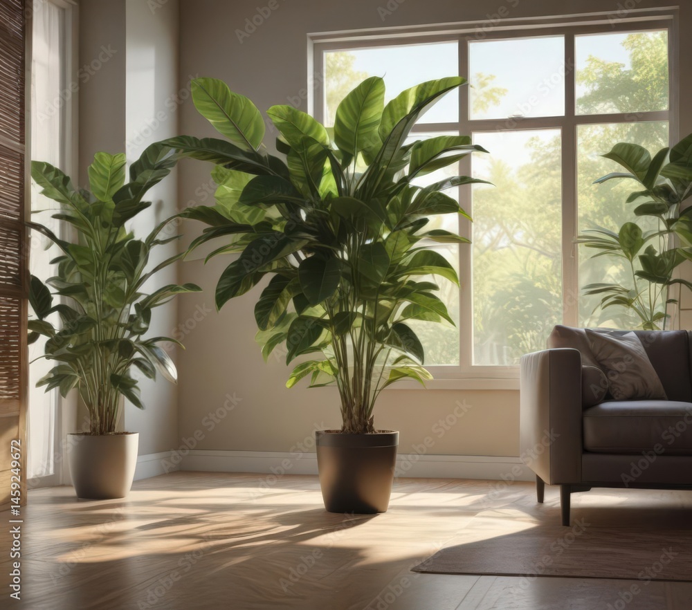 Fototapeta premium Lush rubber plant in sunlit living room, large leaves , interior styling, sunlight