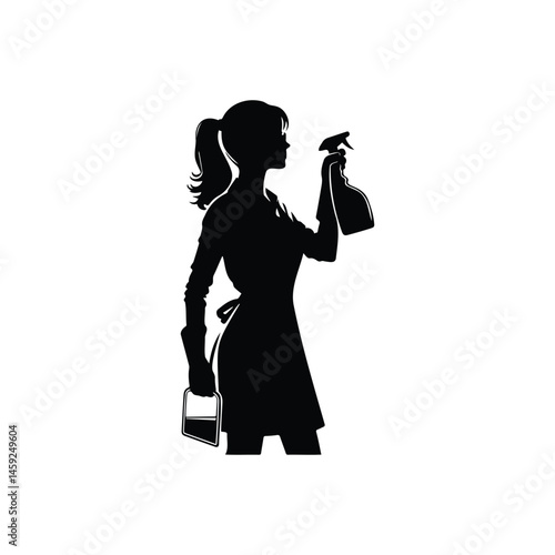 illustration of a housemaid or woman wearing an apron holding a cleaning spray while cleaning glass, black and white housemaid wearing apron