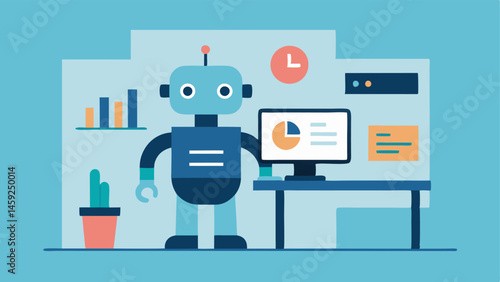Technology Displacement An illustrative scene of a robot using a hightech gadget to analyze information at a desk surrounded by whiteboards filled with charts. Nearby a human