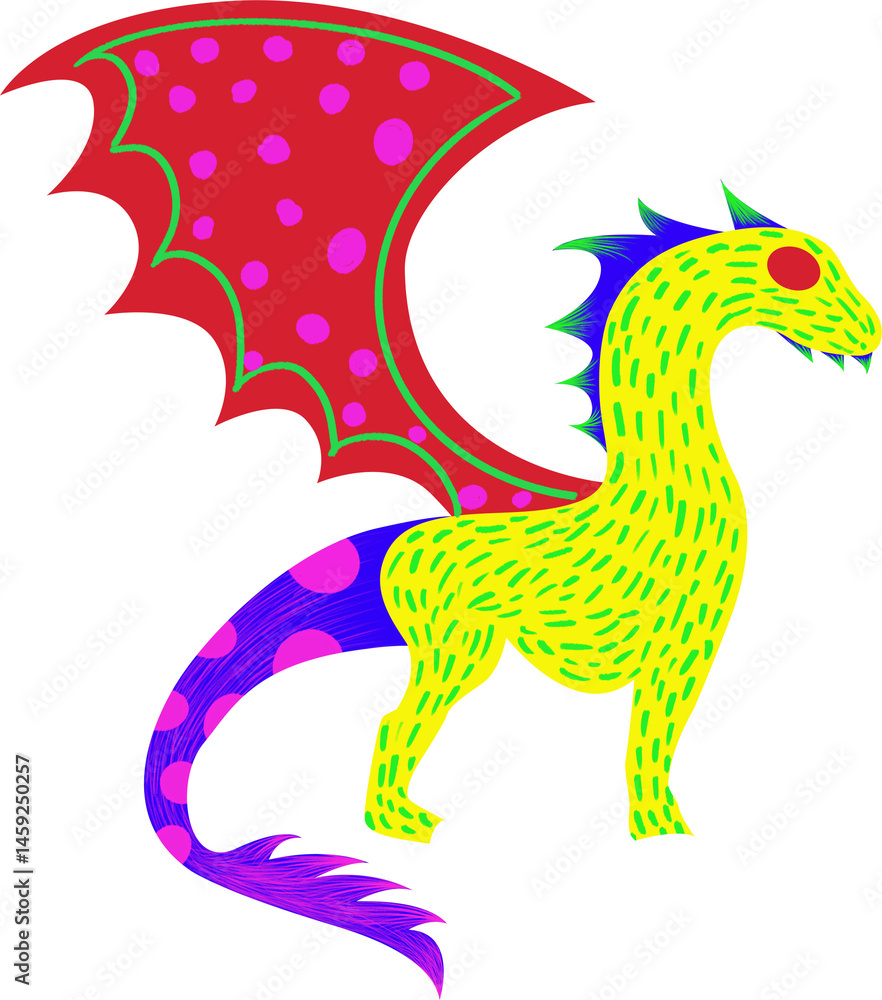 Fototapeta premium Fantasy Animals character with yellow-green skin ,big wings and a big colorful tail with spots, illustration isolated on transparent background. This animal looks like a horse like a dragon ...