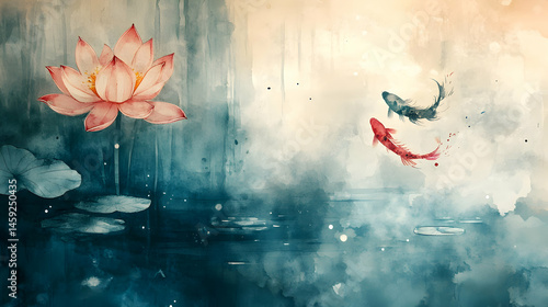 Tranquil Lotus Flower and Colorful Koi Fish in Serene Water Scene