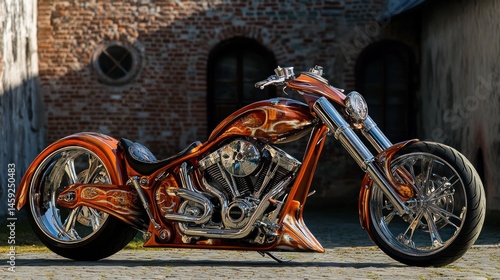 A custom motorcycle with orange paint and chrome details is presented