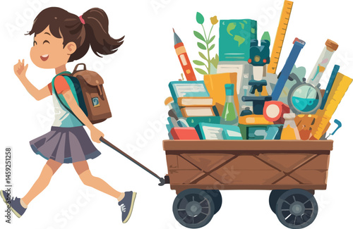 A cartoon of a girl pulling a wagon full of school supplies