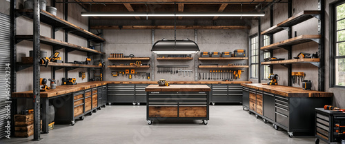 Modern workshop interior with organized workbenches and tools ready for various projects.