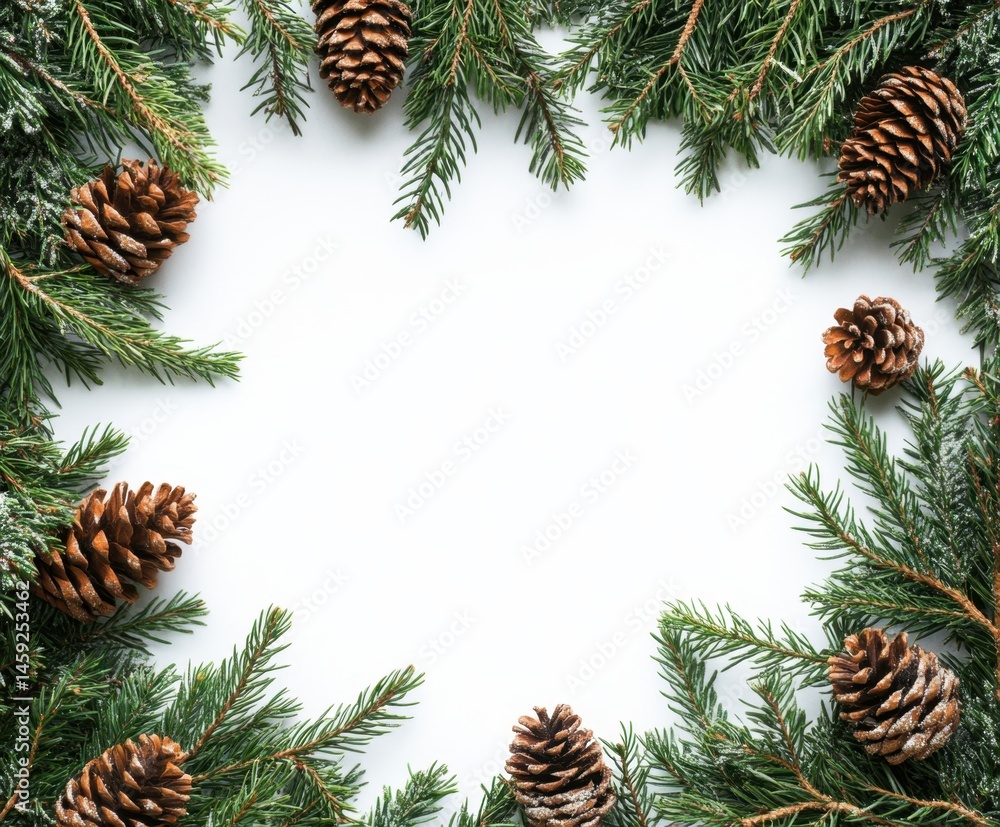 Christmas frame with evergreen branches and pine cones Christmas frame with evergreen branches and pine cones