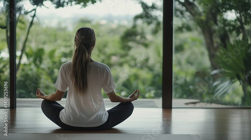 Wallpaper Mural Woman meditating in lotus position, facing large window with lush green tropical view, peaceful serene atmosphere. : Generative AI Torontodigital.ca