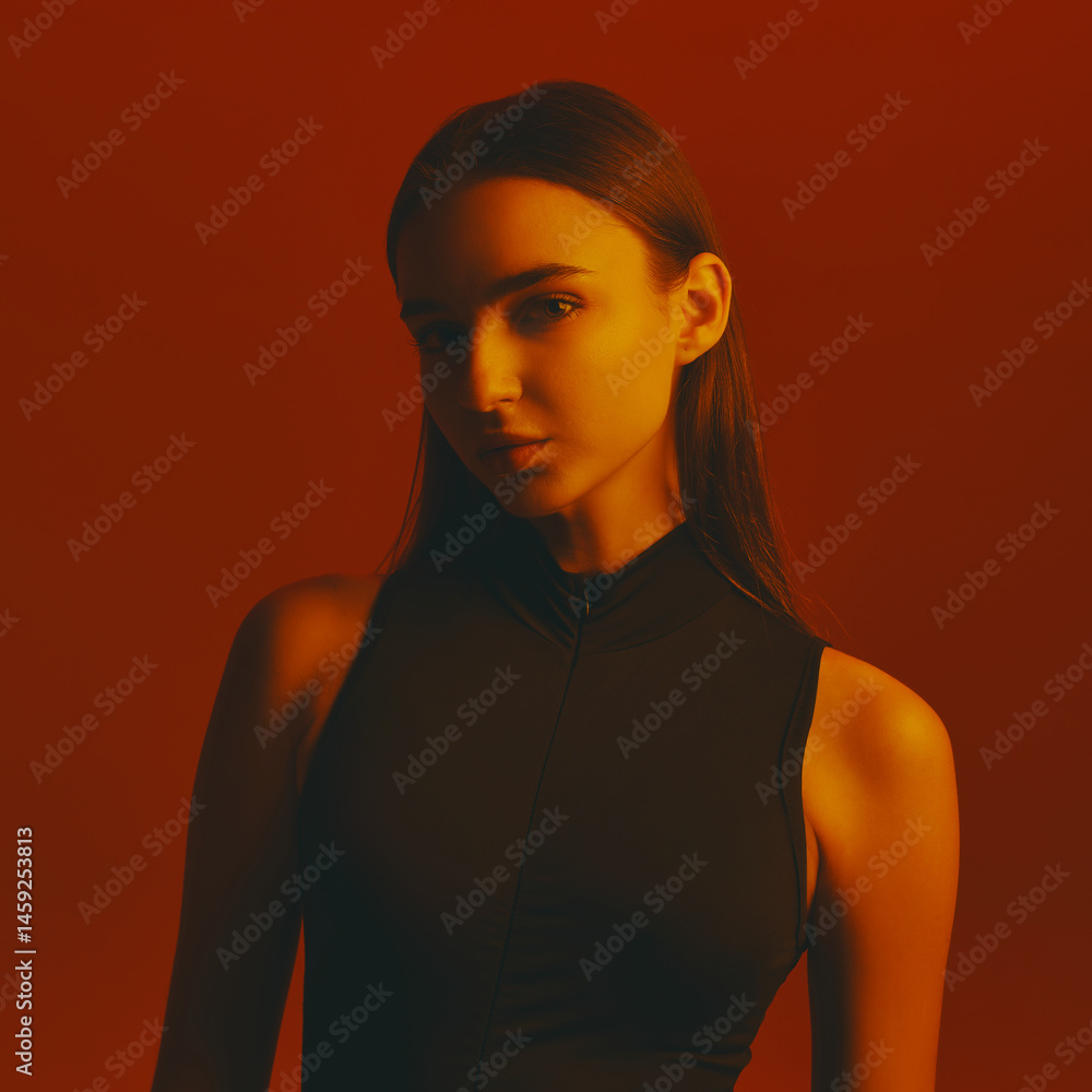 Portrait of beautiful young woman with dark hair, wearing black bodysuit and posing with intense gaze against red background in neon light. Concept of fashion, style, youth culture, trends