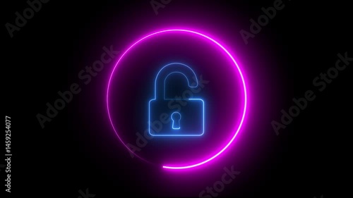 glowing neon pink and blue color lock safety password security circle animation icon animated on black background .