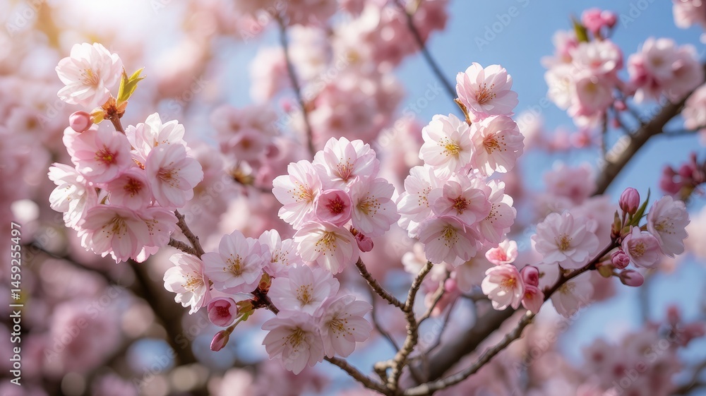 Pink cherry blossoms bloom on a tree branch in the spring, a beautiful display of pink flowers against the sky, cherry blossom in spring Pink cherry blossoms bloom on a tree branch in the spring, a beautiful display of pink flowers against the sky, cherry blossom in spring