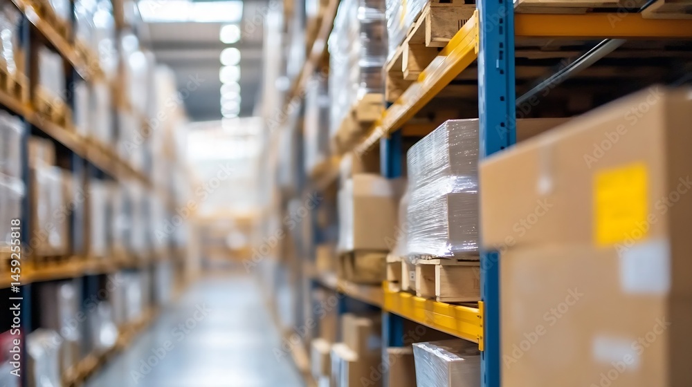 A long aisle in a warehouse shows rows of stacked pallets and cardboard boxes, a blurred perspective emphasizing depth and industrial storage. : Generative AI A long aisle in a warehouse shows rows of stacked pallets and cardboard boxes, a blurred perspective emphasizing depth and industrial storage. : Generative AI