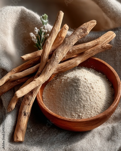 Ayurvedic Ashwagandha: Dried Roots and Fine Powder Still Life for Herbal Remedies and Wellness Content