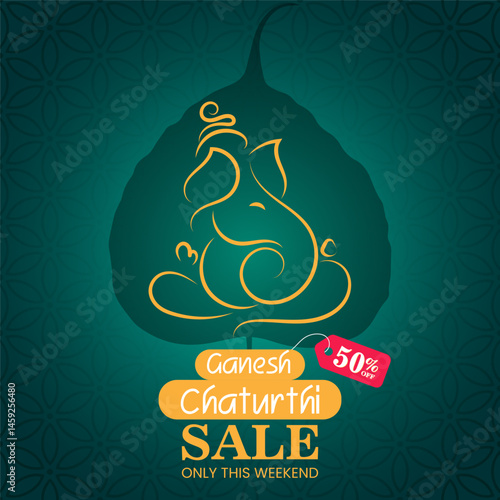 Elegant Ganesh Chaturthi sale template with modern Ganesha illustration 50percent offer label and decorative leaf background ideal for branding social media and event ads

