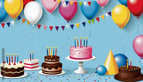 Colorful Birthday Celebration Image with Cakes Balloons and Decorations_Perfect for Parties and Festive Occasions_Get Inspired for Your Next Birthday Bash