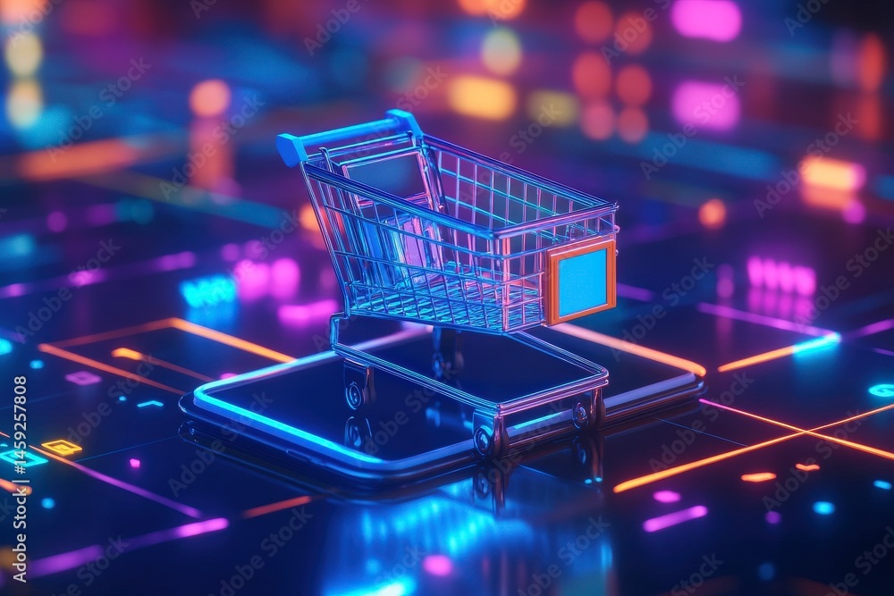 Shopping cart on digital background with neon lights. Shopping cart on digital background with neon lights.