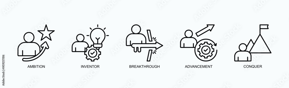Fototapeta premium Innovation Drive Icon Set Isolated Vector With Icon Of Ambition, Inventor, Breakthrough, Advancement, Conquer In Outline Style