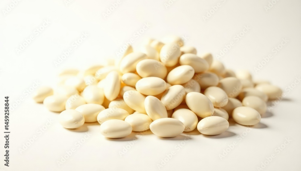 Pile of white beans against bright white backdrop, isolated, simple, photography Pile of white beans against bright white backdrop, isolated, simple, photography