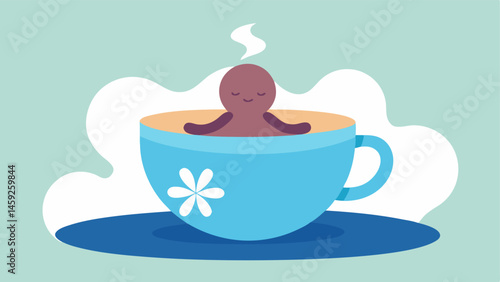 Relaxing Spa Day A relaxed character reclining against the sides of a gigantic coffee cup enjoys a serene moment. The coffee is smooth and glossy with gentle waves. The cups