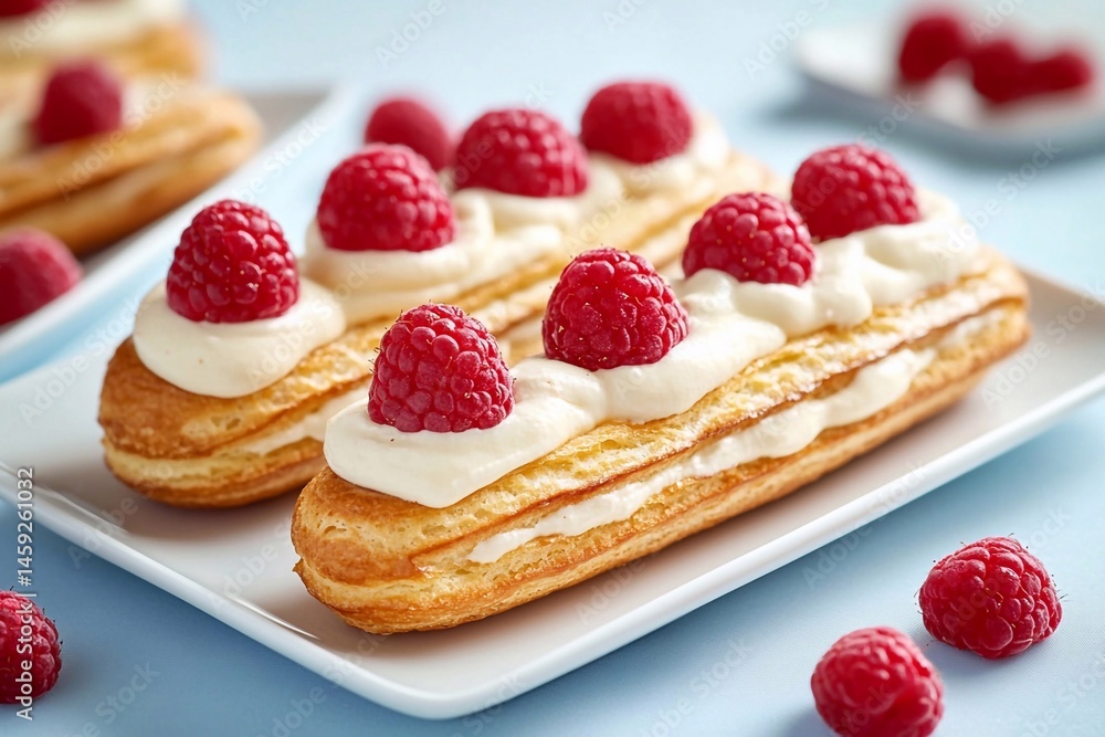 Real photograph of éclairs with cream and raspberries, on a white rectangular plate, against a light blue tablecloth background, in a kitchen. Professional food photography, natural light,
Real photograph of éclairs with cream and raspberries, on a white rectangular plate, against a light blue tablecloth background, in a kitchen. Professional food photography, natural light,