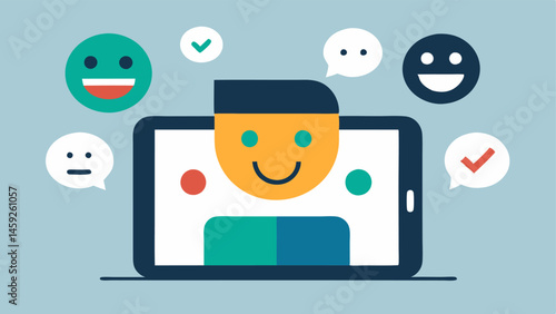 Feedback Collection An image of a digital assistant collecting feedback through a survey interface displayed on a tablet with happy and sad face icons indicating user satisfaction.