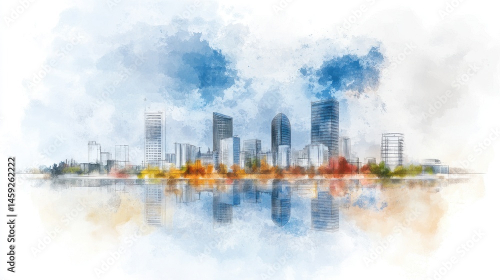 Fototapeta premium City skyline reflection watercolor painting urban architecture illustration