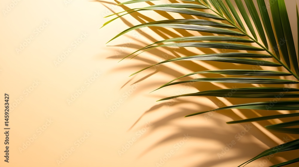 Fototapeta premium Soft, golden light casts shadows of a palm frond on a pale background.