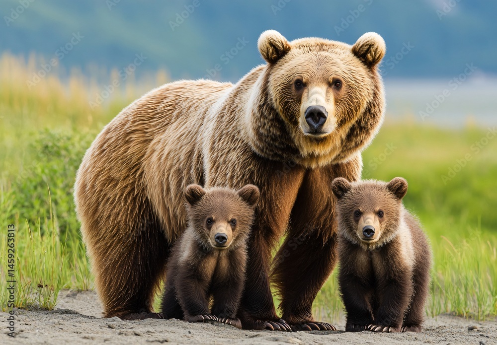Obraz premium Mother grizzly bear and her cubs wildlife encounter in the lush alaskan wilderness wildlife photography serene natural habitat close-up perspective