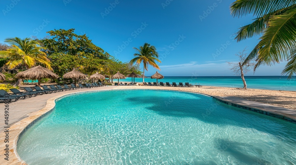 Naklejka premium Tranquil poolside paradise on a tropical beach. Lush vegetation surrounds a clear pool, offering relaxation. Sun-drenched sandy shore and turquoise water