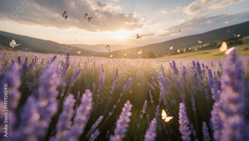 Lavender field with butterfly at sunset