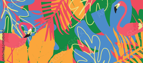 Tropical Flamingo Vector Pattern with Colorful Jungle Leaves, Summer Exotic Design
