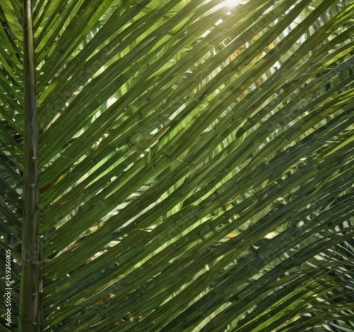 Intricate veins of a lush green palm frond, sunlight dappling the surface , texture, exotic, detail