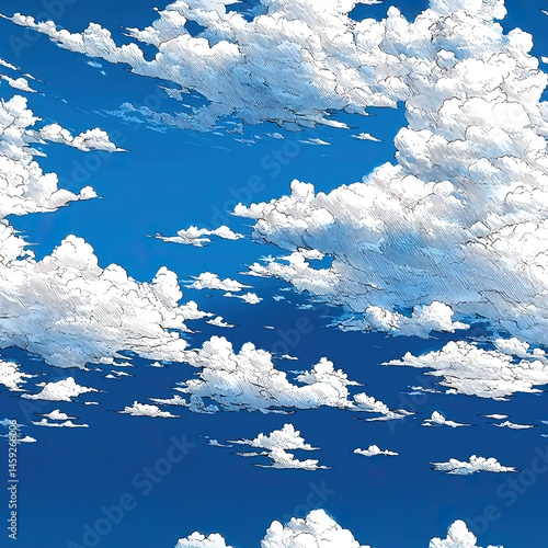 Blue Sky White Clouds Illustrative Seamless Pattern Texture
