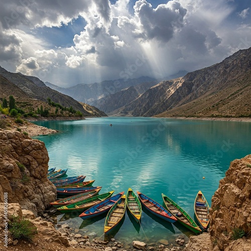 The blue waters of Attabad Lake with colorful boats docked near a rocky cliff and clouds casting shadows on mountains