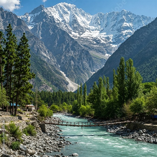 A panoramic view of Hunza Valley with snow-covered peaks, pine trees, and a river flowing beside a small wooden bridge
