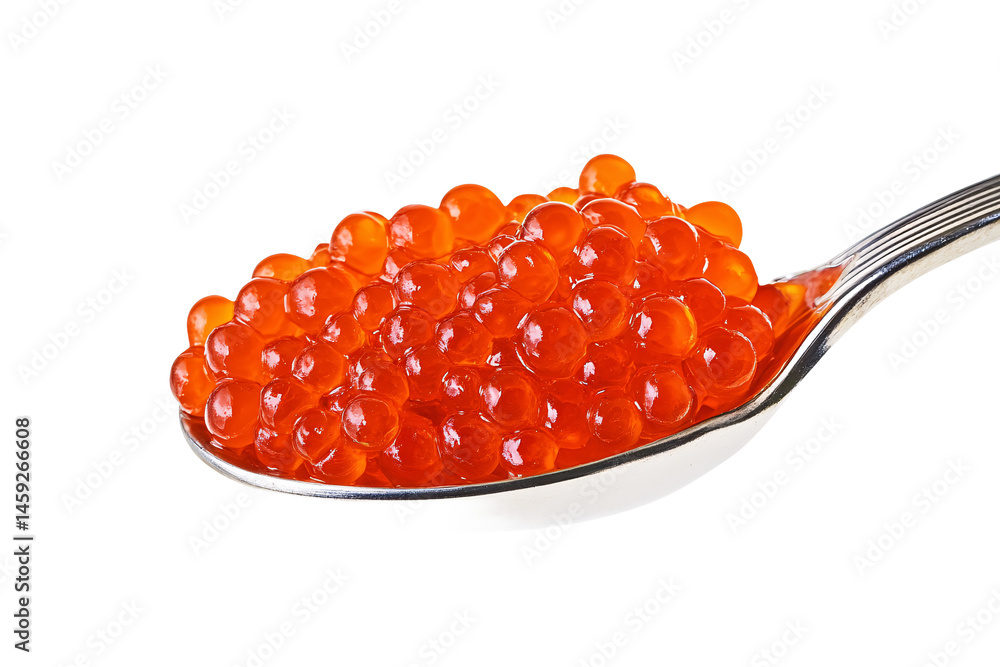 Delicious Red Caviar on a Silver Spoon Isolated on White Background Delicious Red Caviar on a Silver Spoon Isolated on White Background