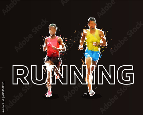 Marathon run, group of low polygonal running man and woman, active people, vector illustration