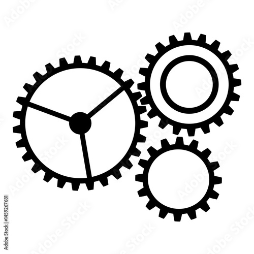 Illustration of three interconnected black gears with a detailed design, representing machinery, mechanics, and mechanical systems. Vector illustration.
