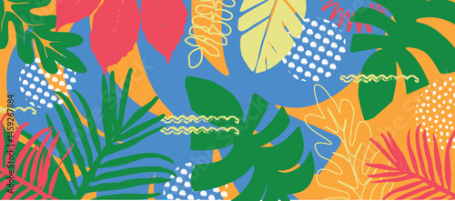 Tropical Leaves Seamless Pattern, Colorful Abstract Summer Background