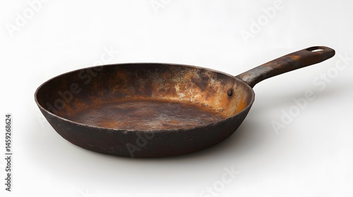 Rusty frying pan with white background.