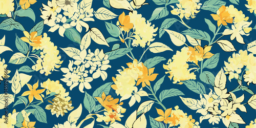 Elegant floral pattern with yellow and cream flowers on a dark blue background