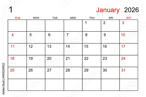Blank white calendar page for January 2026 year for your appointment.
