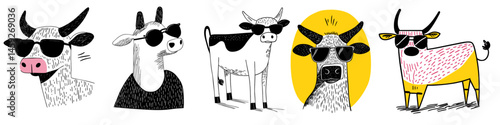 illustration set of cool summer cows wearing sunglasses.