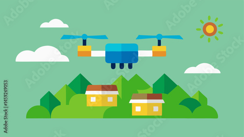SolarPowered Delivery Drone A futuristic drone delivering packages equipped with solar panels flying over a landscape of greenery.