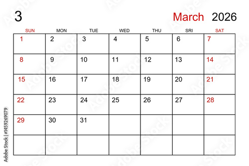Blank white calendar page for March 2026 year for your appointment.