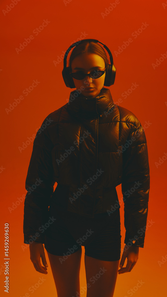 Portrait of young woman wearing black shorts and winter jacket, sunglasses and headphones against red studio background in neon light. Concept of fashion, style, youth culture, trends