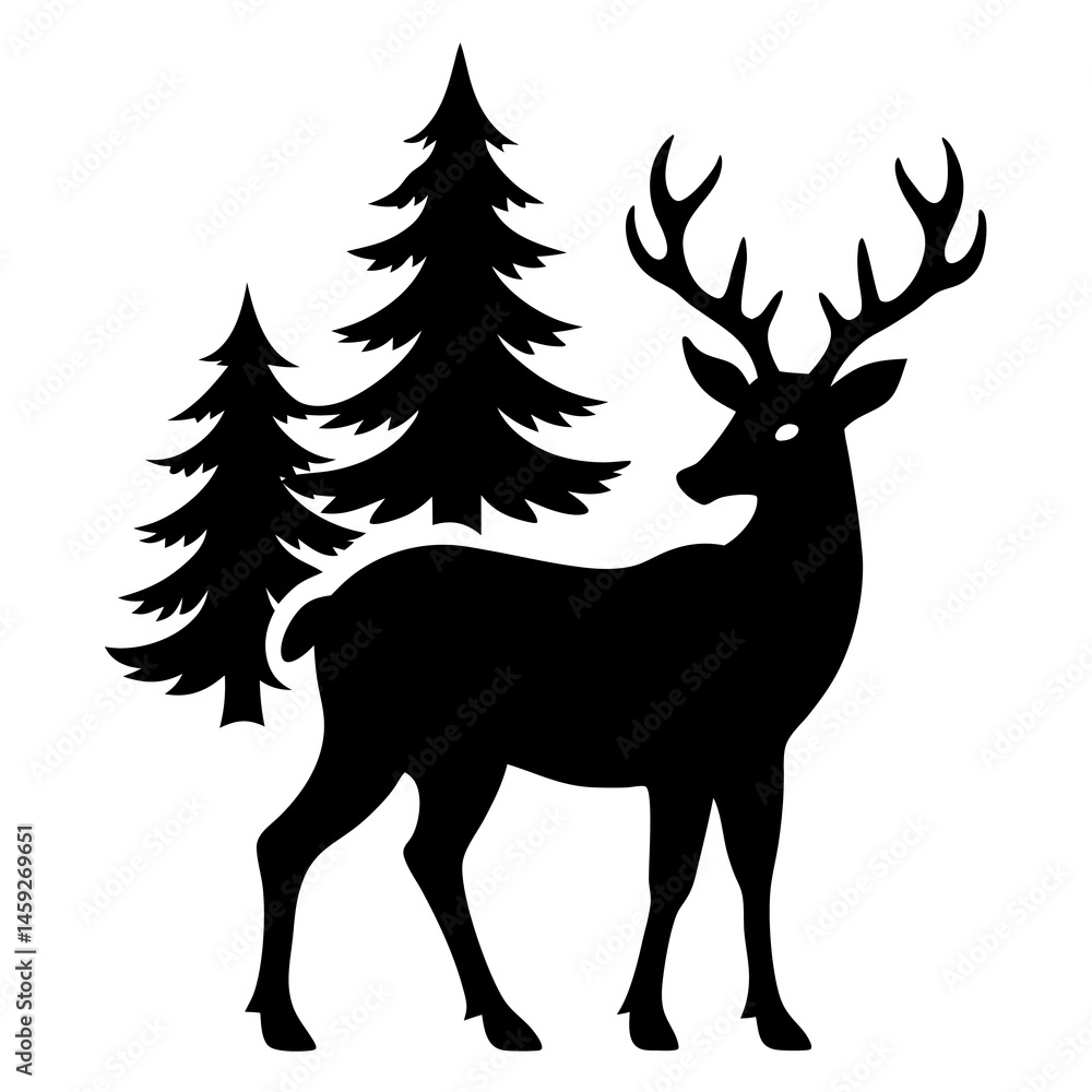deer with pine trees Silhouette vector icon on white background 